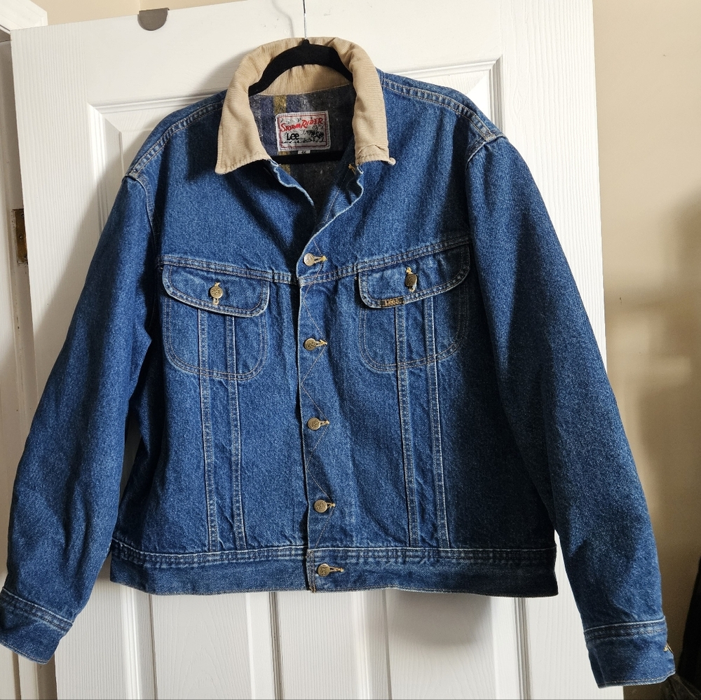 Lee Denim Stormrodee Trucker Jacket with Tan Collar Fleece Lining Size 46